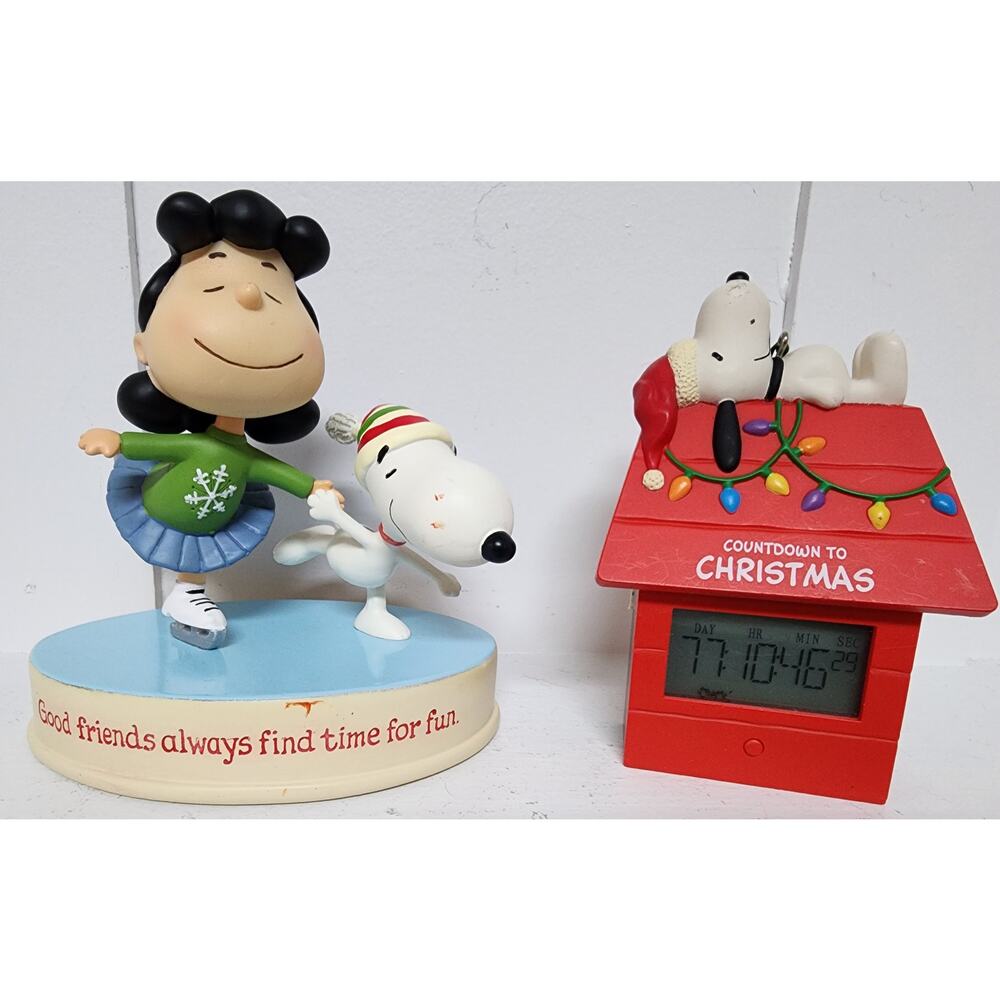 Hallmark Peanuts Lucy Snoopy Skating Figurine & Snoopy Xmas Countdown Clock